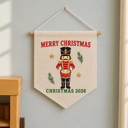Christmas 2026 Nutcracker Soldier Canvas Pennant Banner Decor, Embroidered Drummer Boy Merry Christmas Wall Hanging Sign, Xmas Gift