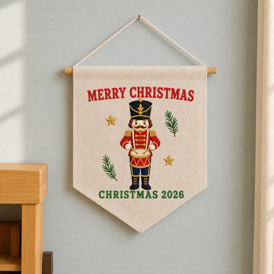 Christmas 2026 Nutcracker Soldier Canvas Pennant Banner Decor, Embroidered Drummer Boy Merry Christmas Wall Hanging Sign, Xmas Gift