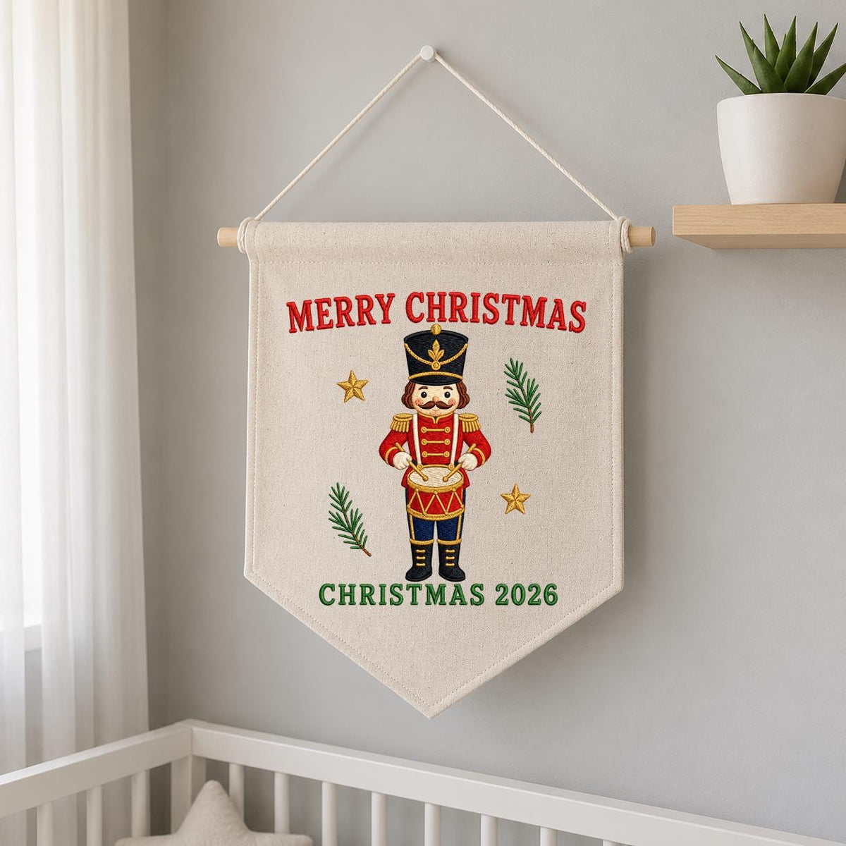 Christmas 2026 Nutcracker Soldier Canvas Pennant Banner Decor, Embroidered Drummer Boy Merry Christmas Wall Hanging Sign, Xmas Gift