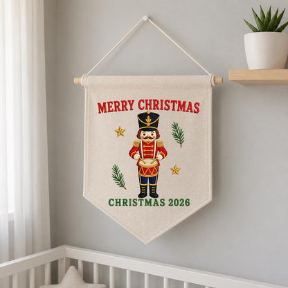 Christmas 2026 Nutcracker Soldier Canvas Pennant Banner Decor, Embroidered Drummer Boy Merry Christmas Wall Hanging Sign, Xmas Gift