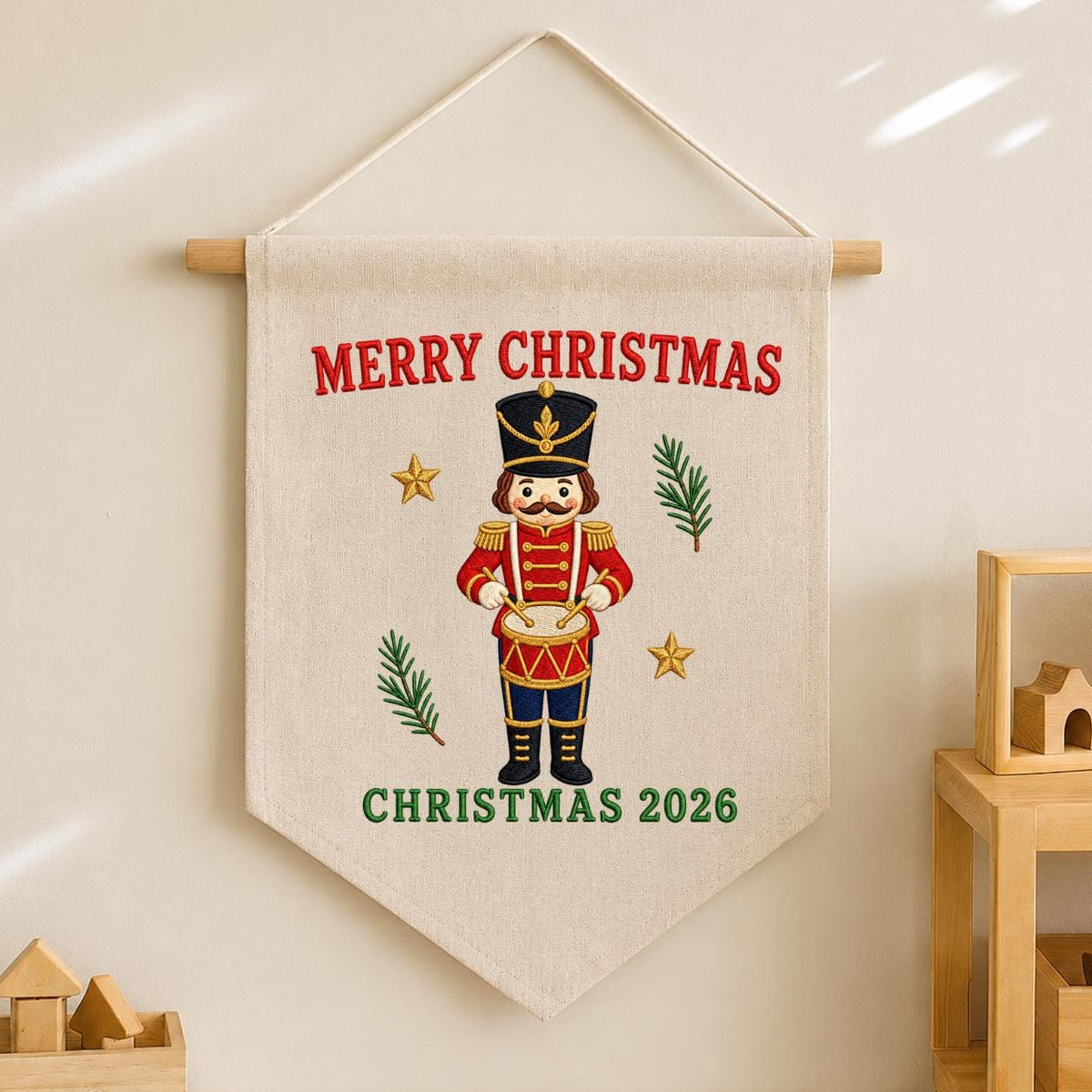 Christmas 2026 Nutcracker Soldier Canvas Pennant Banner Decor, Embroidered Drummer Boy Merry Christmas Wall Hanging Sign, Xmas Gift