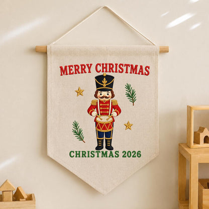 Christmas 2026 Nutcracker Soldier Canvas Pennant Banner Decor, Embroidered Drummer Boy Merry Christmas Wall Hanging Sign, Xmas Gift