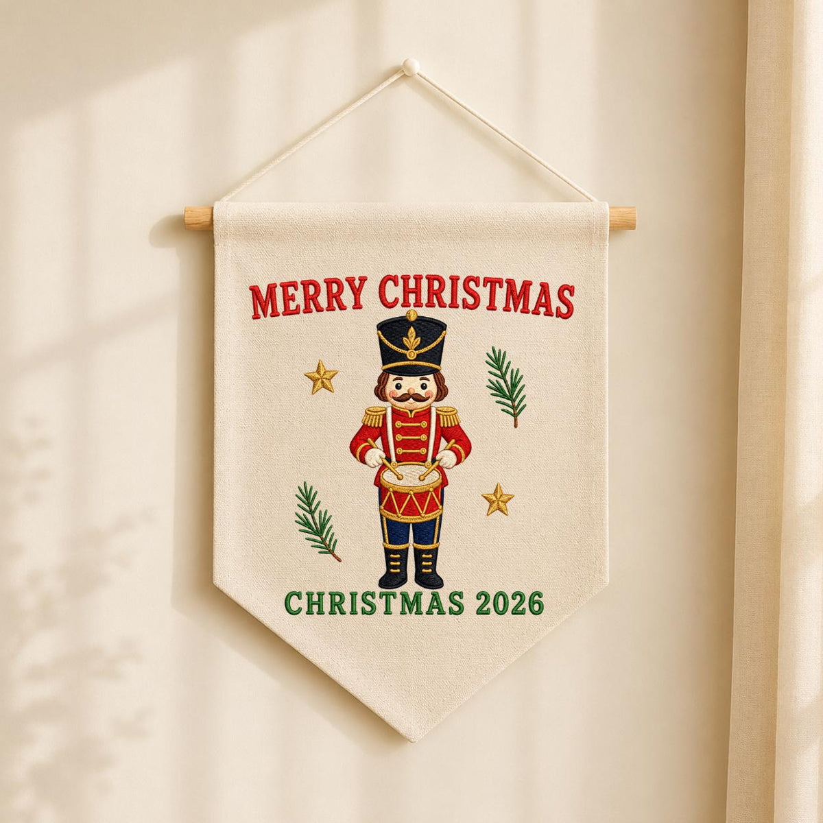 Christmas 2026 Nutcracker Soldier Canvas Pennant Banner Decor, Embroidered Drummer Boy Merry Christmas Wall Hanging Sign, Xmas Gift