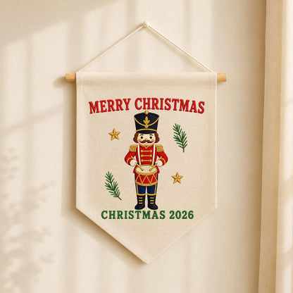 Christmas 2026 Nutcracker Soldier Canvas Pennant Banner Decor, Embroidered Drummer Boy Merry Christmas Wall Hanging Sign, Xmas Gift