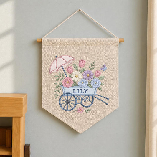 Personalized Floral Wall Hanging, Lily Garden Banner, Wheelbarrow Embroidery Decor, Cottagecore Nursery Hanging, Baby Shower Gift