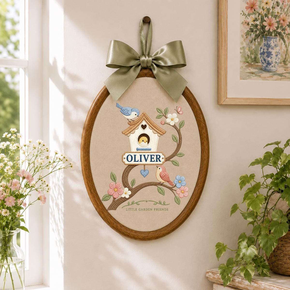 Custom Name Birdhouse Wall Decor, Bird and Flower Embroidery Oval Ornament, Personalized Nursery Gift, Garden Lover Decor