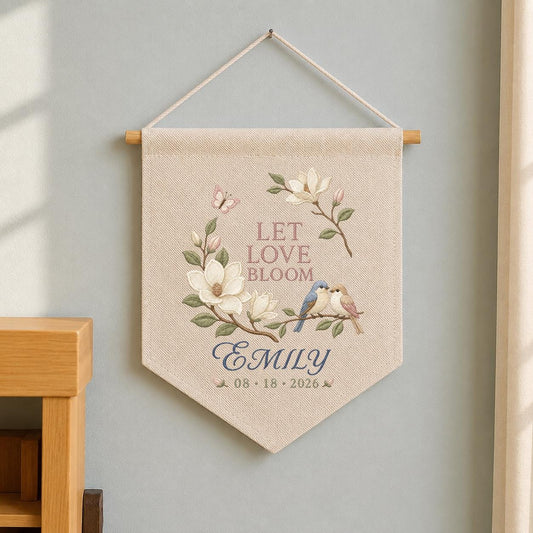 Personalized Love Birds Wall Hanging, Floral Wedding Banner, Custom Date Ornament, Let Love Bloom Decor, Romantic Anniversary Gift