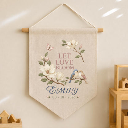 Personalized Love Birds Wall Hanging, Floral Wedding Banner, Custom Date Ornament, Let Love Bloom Decor, Romantic Anniversary Gift