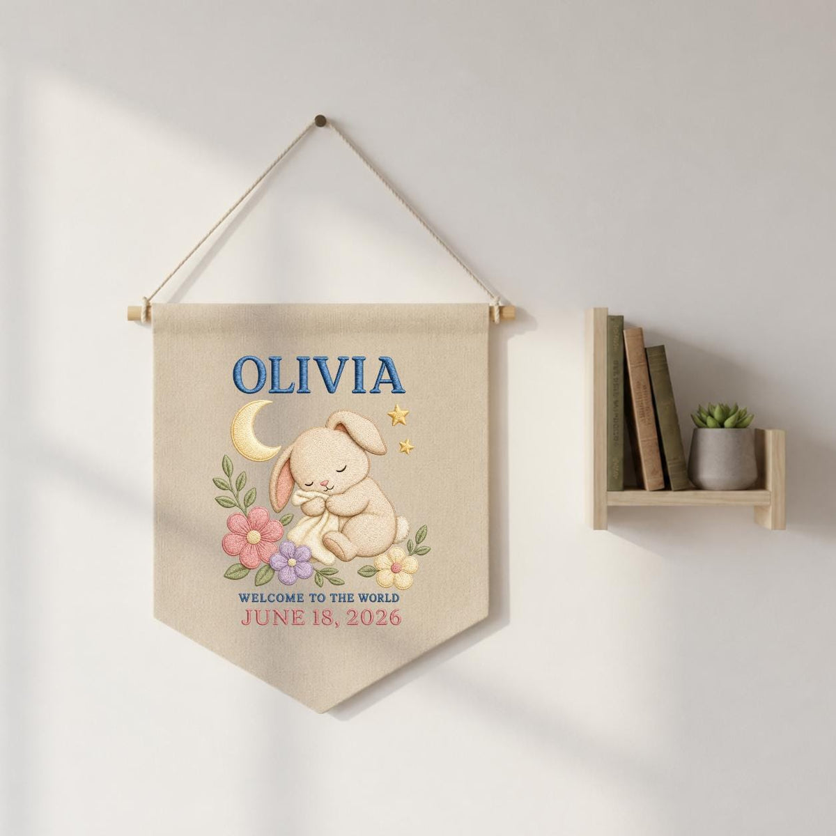 Personalized Sleeping Bunny Birth Announcement Canvas Pennant Banner, Custom Name Date Welcome to the World Nursery Wall Hanging Sign