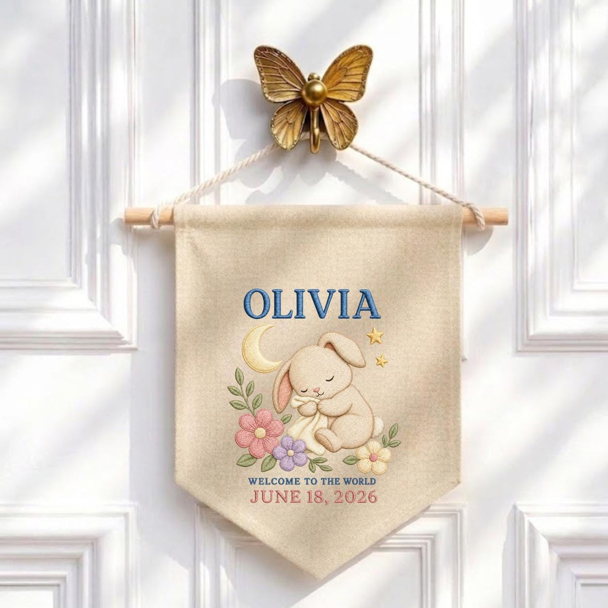 Personalized Sleeping Bunny Birth Announcement Canvas Pennant Banner, Custom Name Date Welcome to the World Nursery Wall Hanging Sign