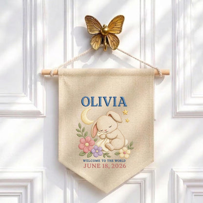 Personalized Sleeping Bunny Birth Announcement Canvas Pennant Banner, Custom Name Date Welcome to the World Nursery Wall Hanging Sign