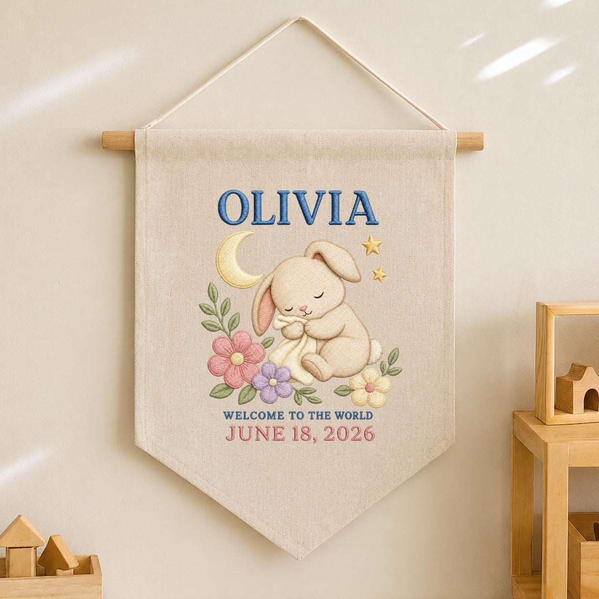 Personalized Sleeping Bunny Birth Announcement Canvas Pennant Banner, Custom Name Date Welcome to the World Nursery Wall Hanging Sign