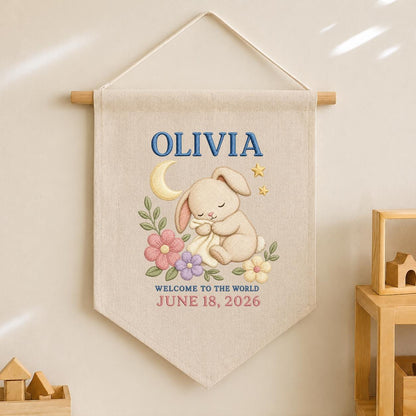 Personalized Sleeping Bunny Birth Announcement Canvas Pennant Banner, Custom Name Date Welcome to the World Nursery Wall Hanging Sign