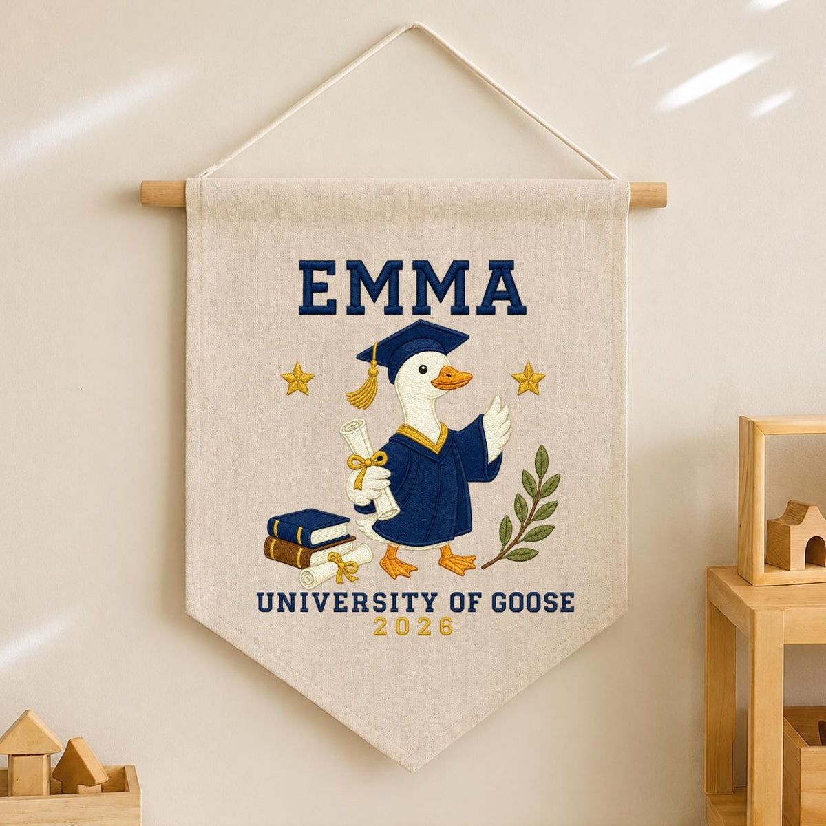 Personalized Graduation Goose 2026 Canvas Pennant Banner, Custom Name University of Goose Grad Gift, Funny Graduate Wall Hanging Sign