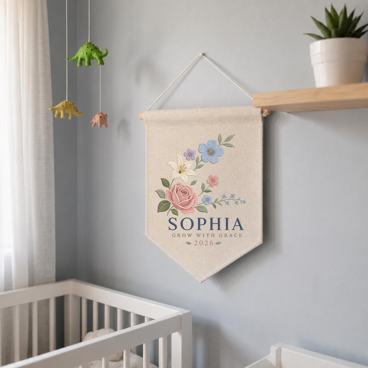 Custom Floral Pennant Banner, Personalized Name Wall Hanging, Grow With Grace Embroidery Decor, Girl Room Gift, Botanical Artwork