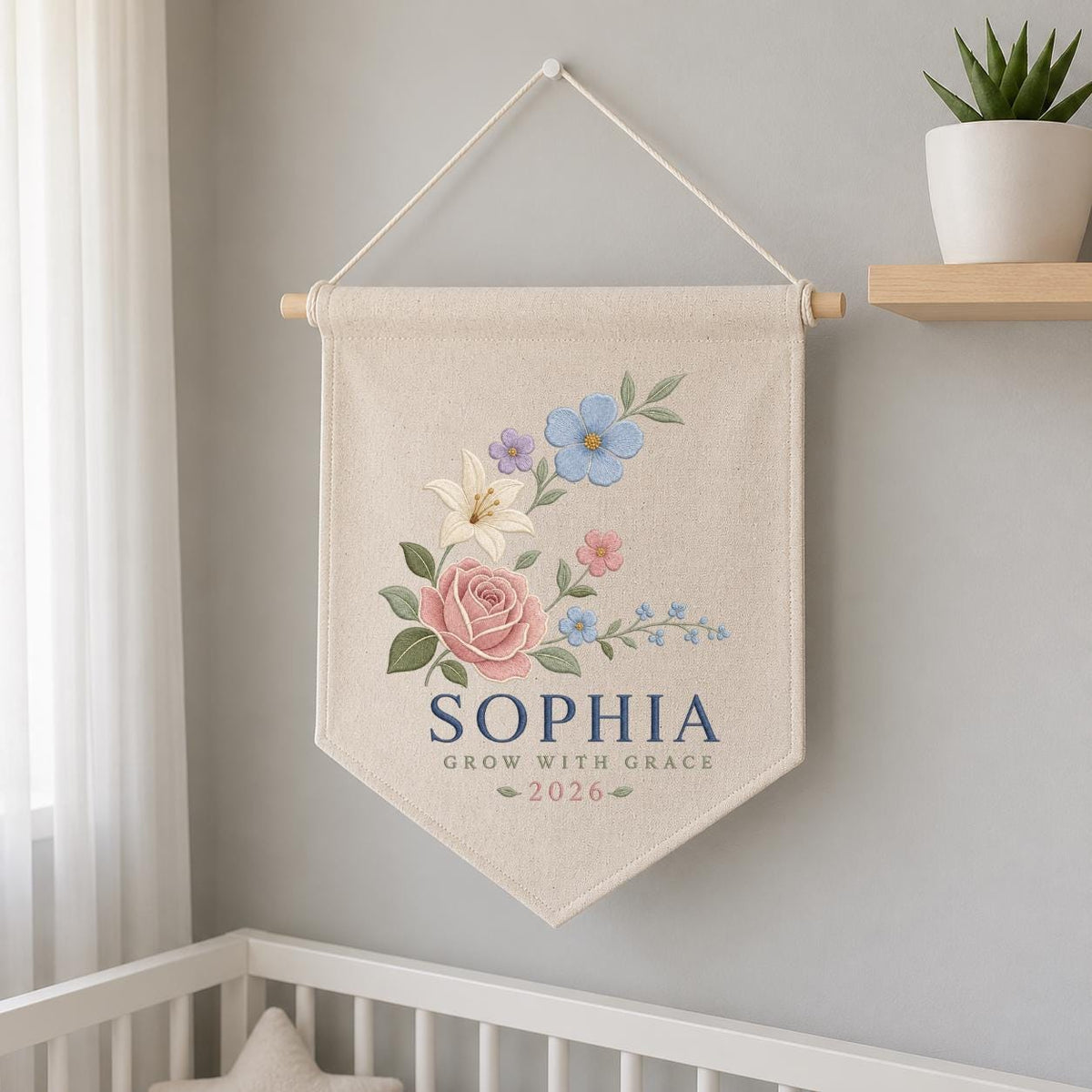 Custom Floral Pennant Banner, Personalized Name Wall Hanging, Grow With Grace Embroidery Decor, Girl Room Gift, Botanical Artwork