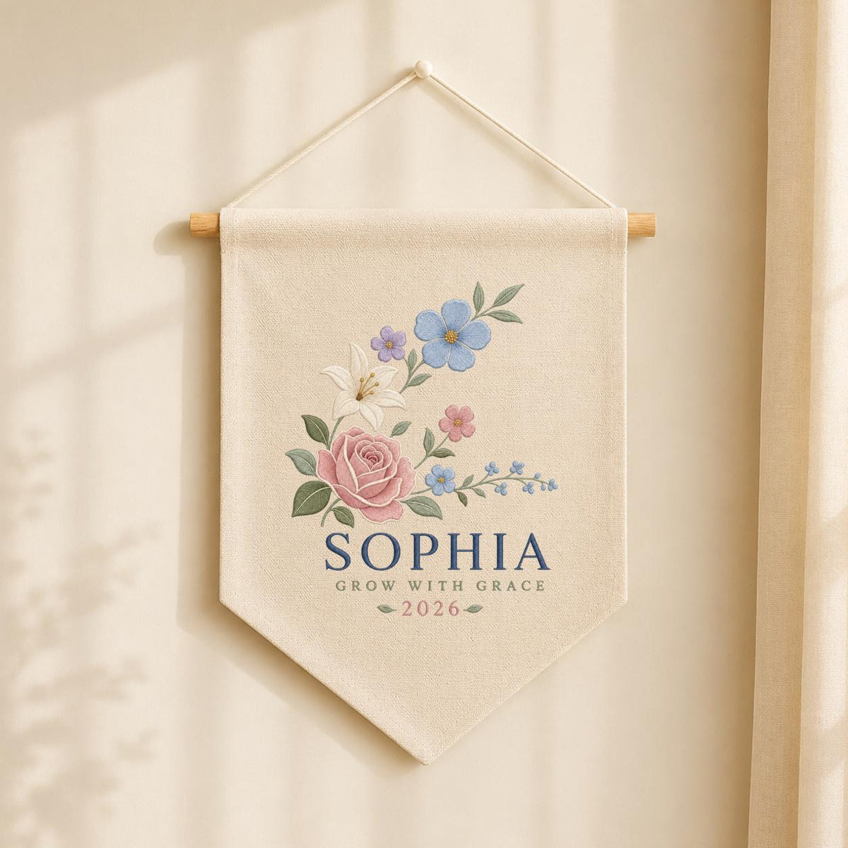 Custom Floral Pennant Banner, Personalized Name Wall Hanging, Grow With Grace Embroidery Decor, Girl Room Gift, Botanical Artwork