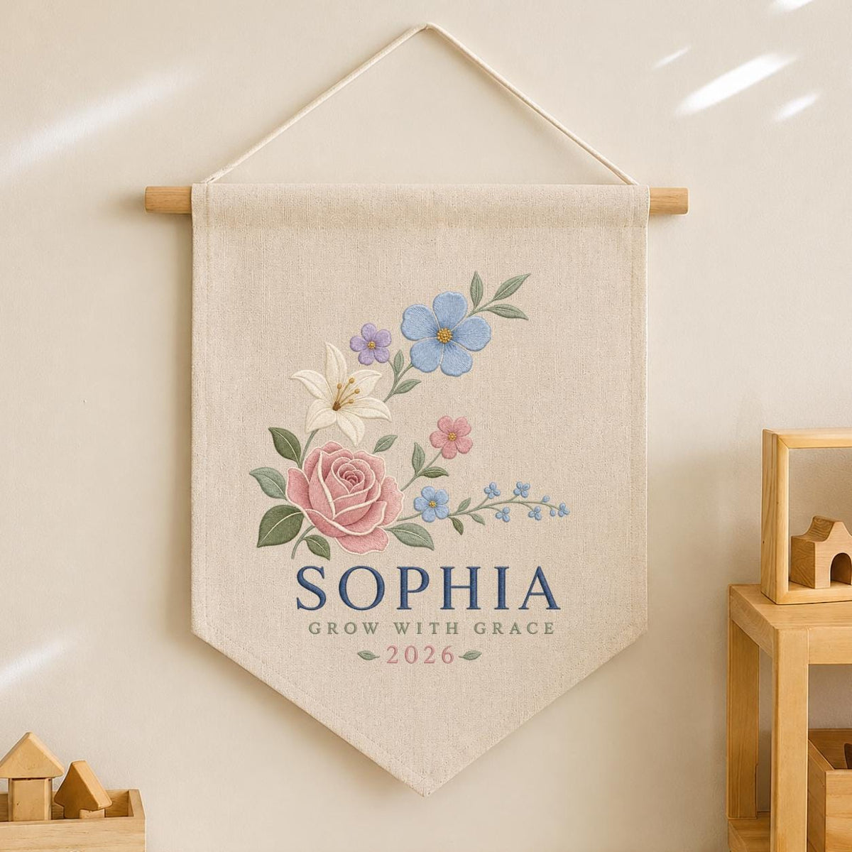 Custom Floral Pennant Banner, Personalized Name Wall Hanging, Grow With Grace Embroidery Decor, Girl Room Gift, Botanical Artwork