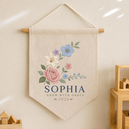Custom Floral Pennant Banner, Personalized Name Wall Hanging, Grow With Grace Embroidery Decor, Girl Room Gift, Botanical Artwork