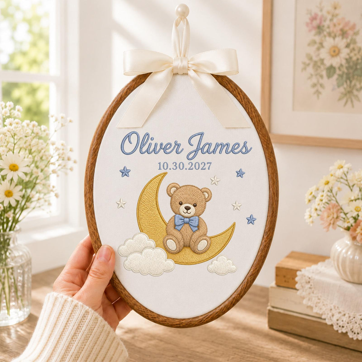 Personalized Embroidered Ornament, Teddy Bear Moon Baby Name Ornament, Custom Nursery Keepsake, Baby Boy Gift, Newborn Name Decor