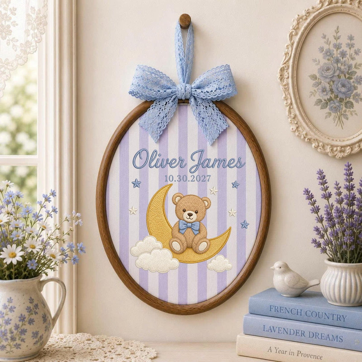 Personalized Embroidered Ornament, Teddy Bear Moon Baby Name Ornament, Custom Nursery Keepsake, Baby Boy Gift, Newborn Name Decor
