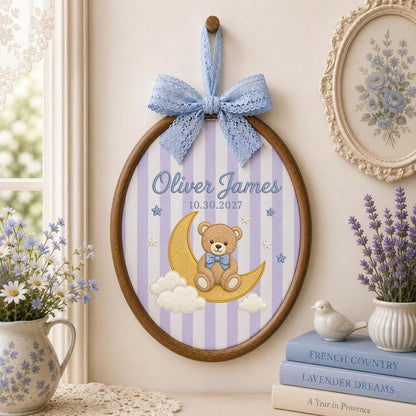 Personalized Embroidered Ornament, Teddy Bear Moon Baby Name Ornament, Custom Nursery Keepsake, Baby Boy Gift, Newborn Name Decor