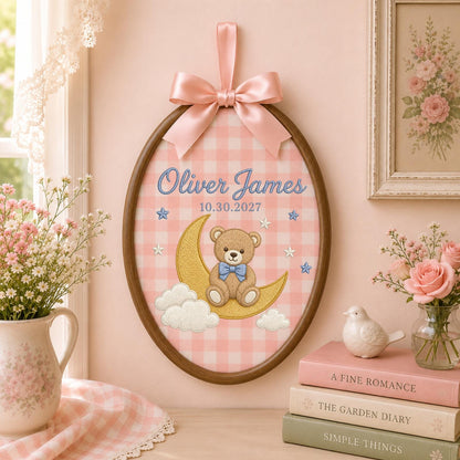 Personalized Embroidered Ornament, Teddy Bear Moon Baby Name Ornament, Custom Nursery Keepsake, Baby Boy Gift, Newborn Name Decor