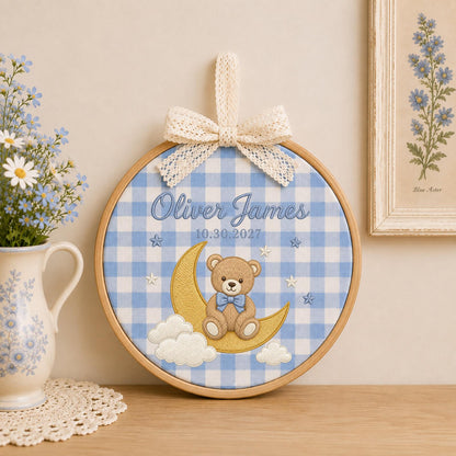 Personalized Embroidered Ornament, Teddy Bear Moon Baby Name Ornament, Custom Nursery Keepsake, Baby Boy Gift, Newborn Name Decor