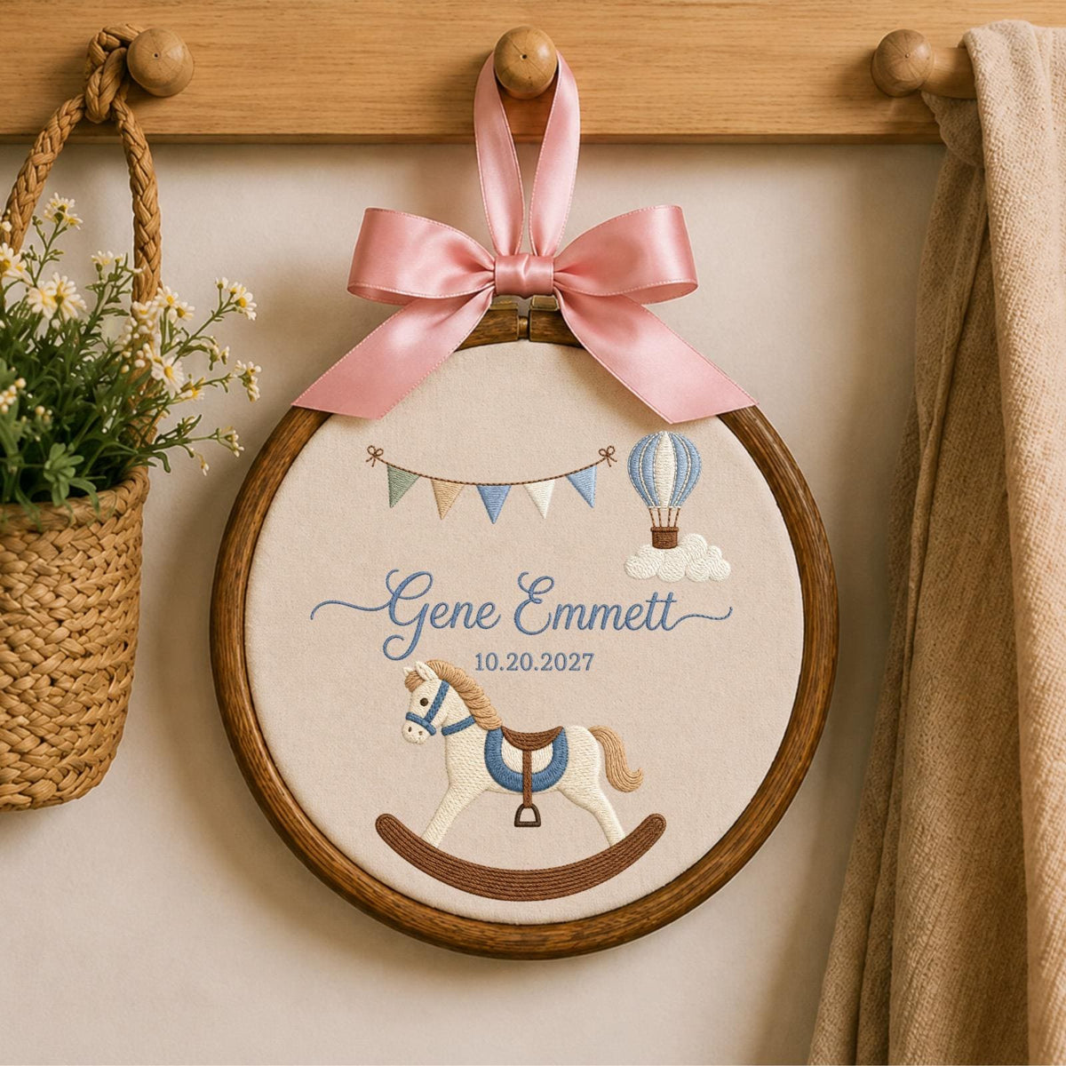 Personalized Rocking Horse Embroidered Ornament, Baby Name Ornament, Custom Nursery Keepsake, Baby Boy Gift, Newborn Baby Shower Gift
