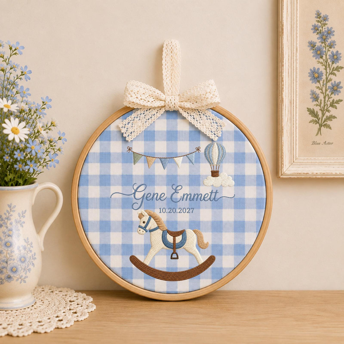 Personalized Rocking Horse Embroidered Ornament, Baby Name Ornament, Custom Nursery Keepsake, Baby Boy Gift, Newborn Baby Shower Gift