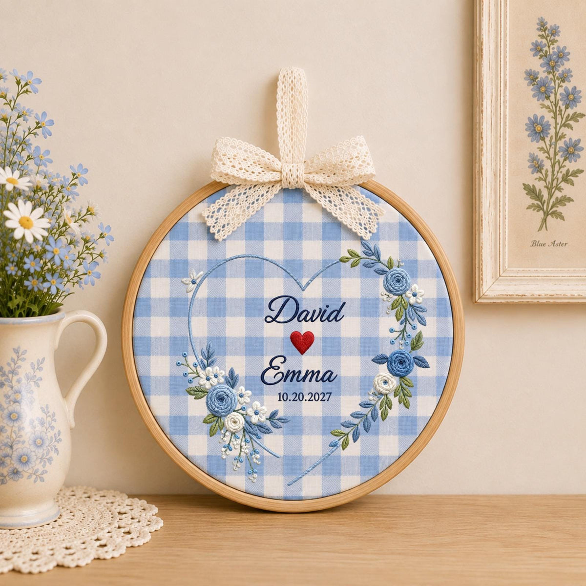 Personalized Embroidered Ornament, Couple Name Wedding Ornament, Custom Anniversary Keepsake, Floral Heart Engagement Gift, Romantic Couple