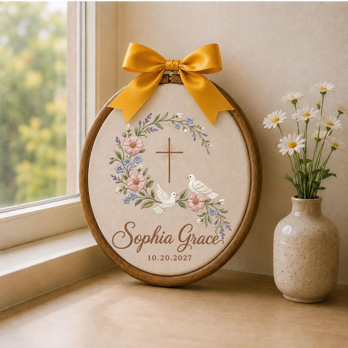 Personalized Embroidered Ornament, Christian Cross Dove Ornament, Custom Name Baptism Keepsake, Floral Religious Gift, Baby Blessing Decor