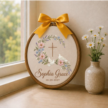 Personalized Embroidered Ornament, Christian Cross Dove Ornament, Custom Name Baptism Keepsake, Floral Religious Gift, Baby Blessing Decor