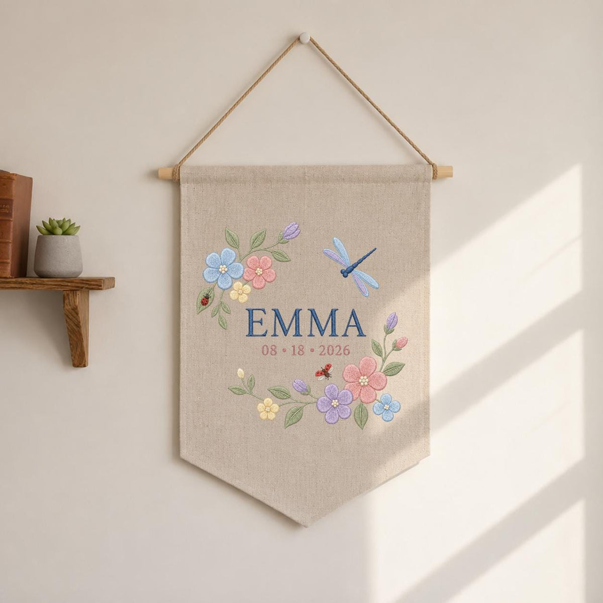 Custom Floral Embroidered Banner, Personalized Name Wall Hanging, Linen Fabric, Grow With Grace 2026
