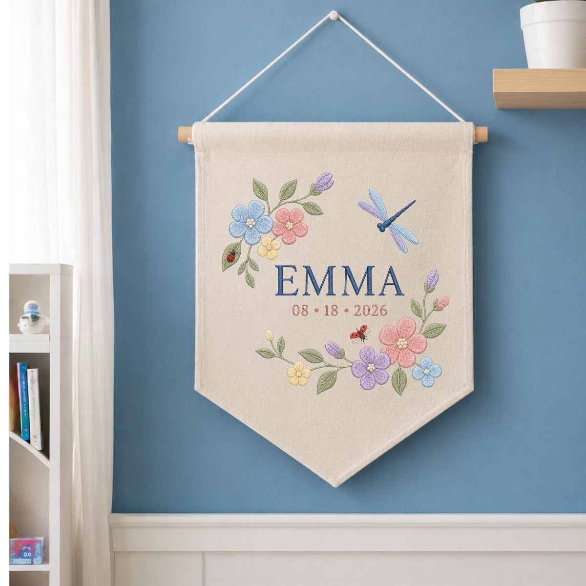 Custom Floral Embroidered Banner, Personalized Name Wall Hanging, Linen Fabric, Grow With Grace 2026