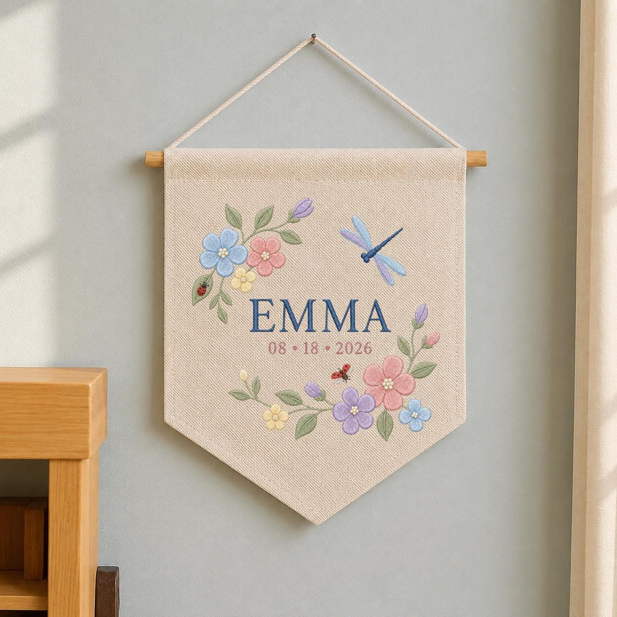 Custom Floral Embroidered Banner, Personalized Name Wall Hanging, Linen Fabric, Grow With Grace 2026