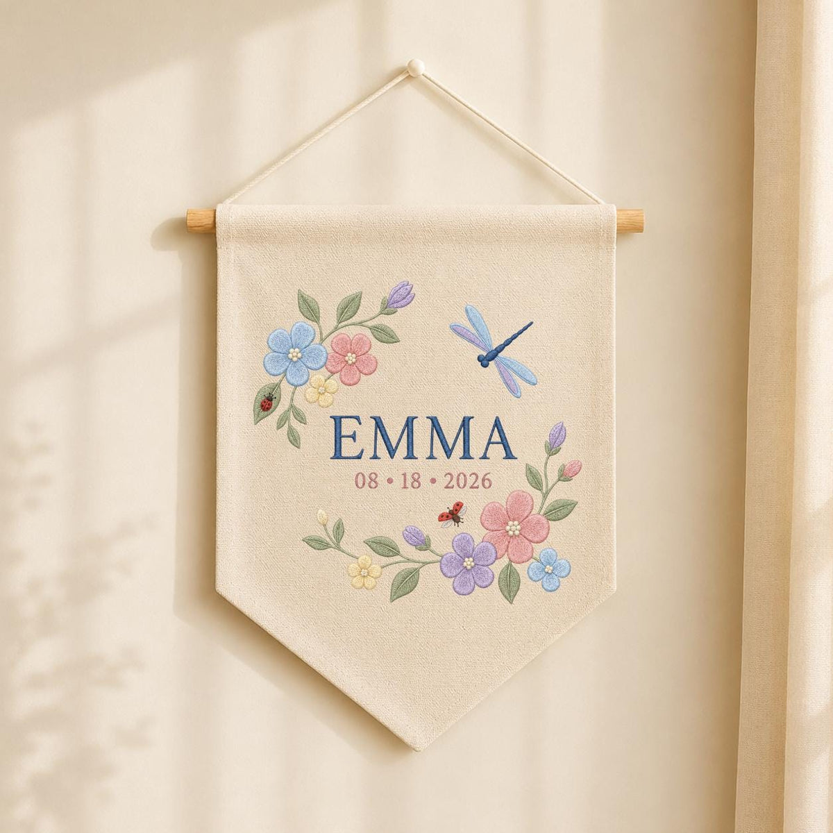 Custom Floral Embroidered Banner, Personalized Name Wall Hanging, Linen Fabric, Grow With Grace 2026