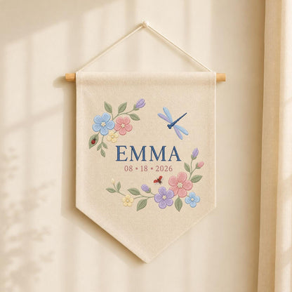 Custom Floral Embroidered Banner, Personalized Name Wall Hanging, Linen Fabric, Grow With Grace 2026