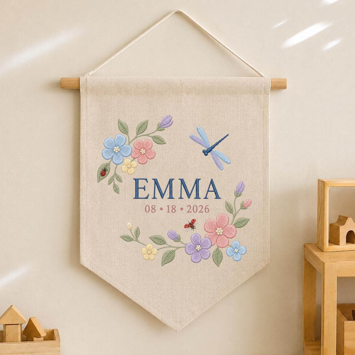 Custom Floral Embroidered Banner, Personalized Name Wall Hanging, Linen Fabric, Grow With Grace 2026