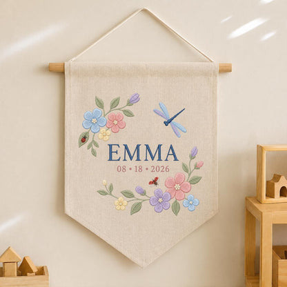 Custom Floral Embroidered Banner, Personalized Name Wall Hanging, Linen Fabric, Grow With Grace 2026