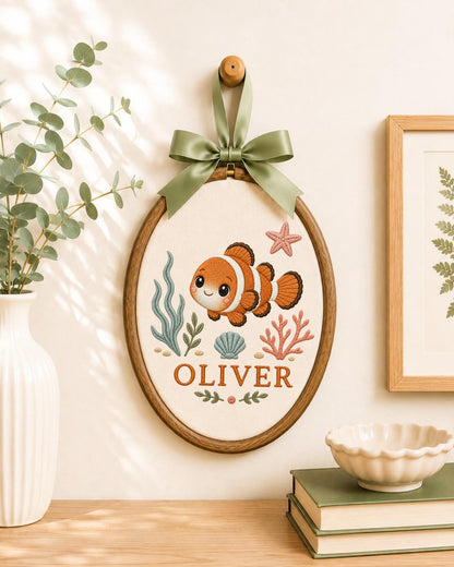 Personalized Clownfish Embroidered Ornament, Custom Baby Name Hoop, Ocean Nursery Decor, Sea Life Baby Gift, Newborn Keepsake