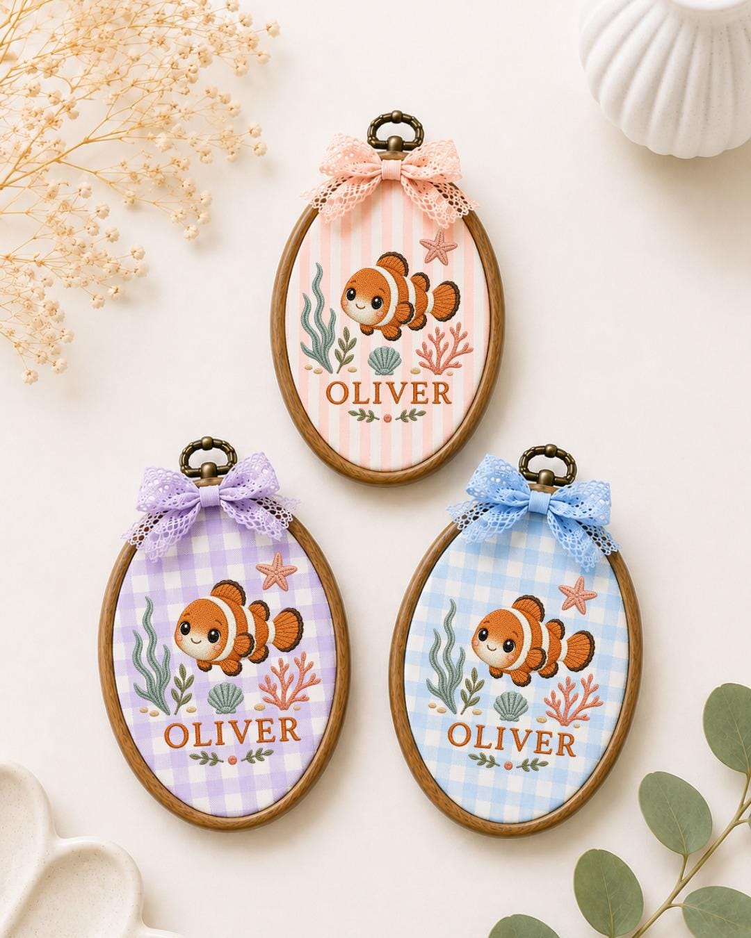Personalized Clownfish Embroidered Ornament, Custom Baby Name Hoop, Ocean Nursery Decor, Sea Life Baby Gift, Newborn Keepsake