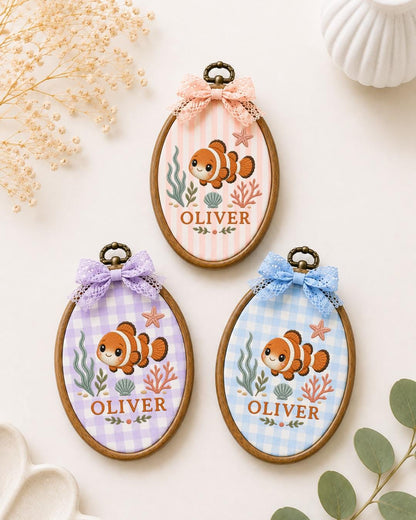 Personalized Clownfish Embroidered Ornament, Custom Baby Name Hoop, Ocean Nursery Decor, Sea Life Baby Gift, Newborn Keepsake