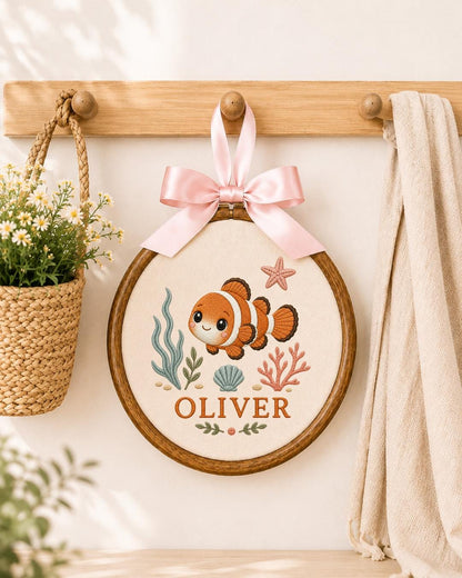 Personalized Clownfish Embroidered Ornament, Custom Baby Name Hoop, Ocean Nursery Decor, Sea Life Baby Gift, Newborn Keepsake