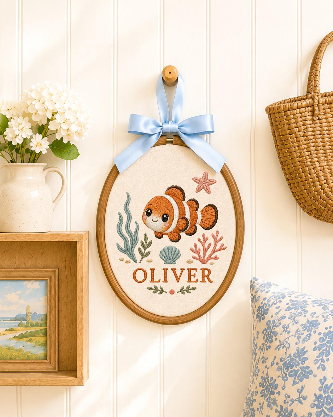 Personalized Clownfish Embroidered Ornament, Custom Baby Name Hoop, Ocean Nursery Decor, Sea Life Baby Gift, Newborn Keepsake