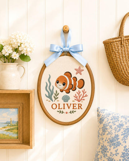 Personalized Clownfish Embroidered Ornament, Custom Baby Name Hoop, Ocean Nursery Decor, Sea Life Baby Gift, Newborn Keepsake