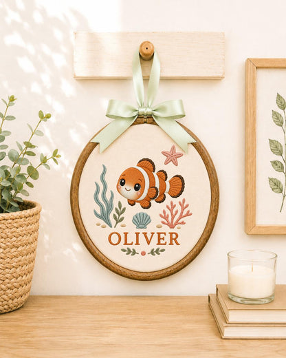 Personalized Clownfish Embroidered Ornament, Custom Baby Name Hoop, Ocean Nursery Decor, Sea Life Baby Gift, Newborn Keepsake