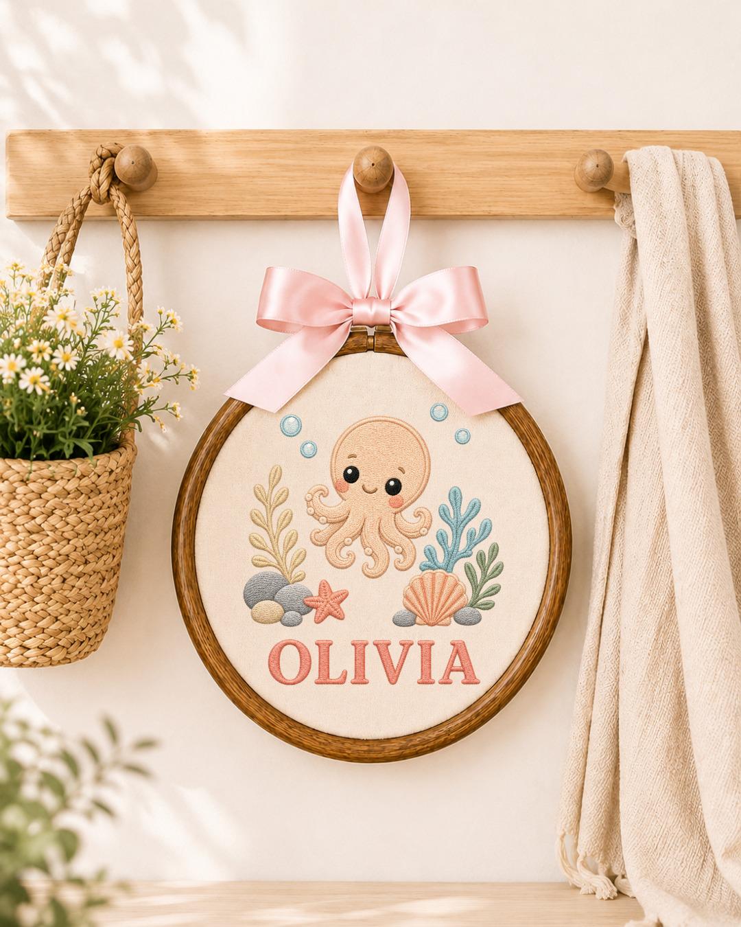 Personalized Octopus Embroidered Ornament, Custom Baby Name Hoop, Ocean Nursery Decor, Sea Life Baby Gift, Under the Sea Keepsake