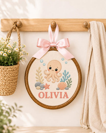 Personalized Octopus Embroidered Ornament, Custom Baby Name Hoop, Ocean Nursery Decor, Sea Life Baby Gift, Under the Sea Keepsake