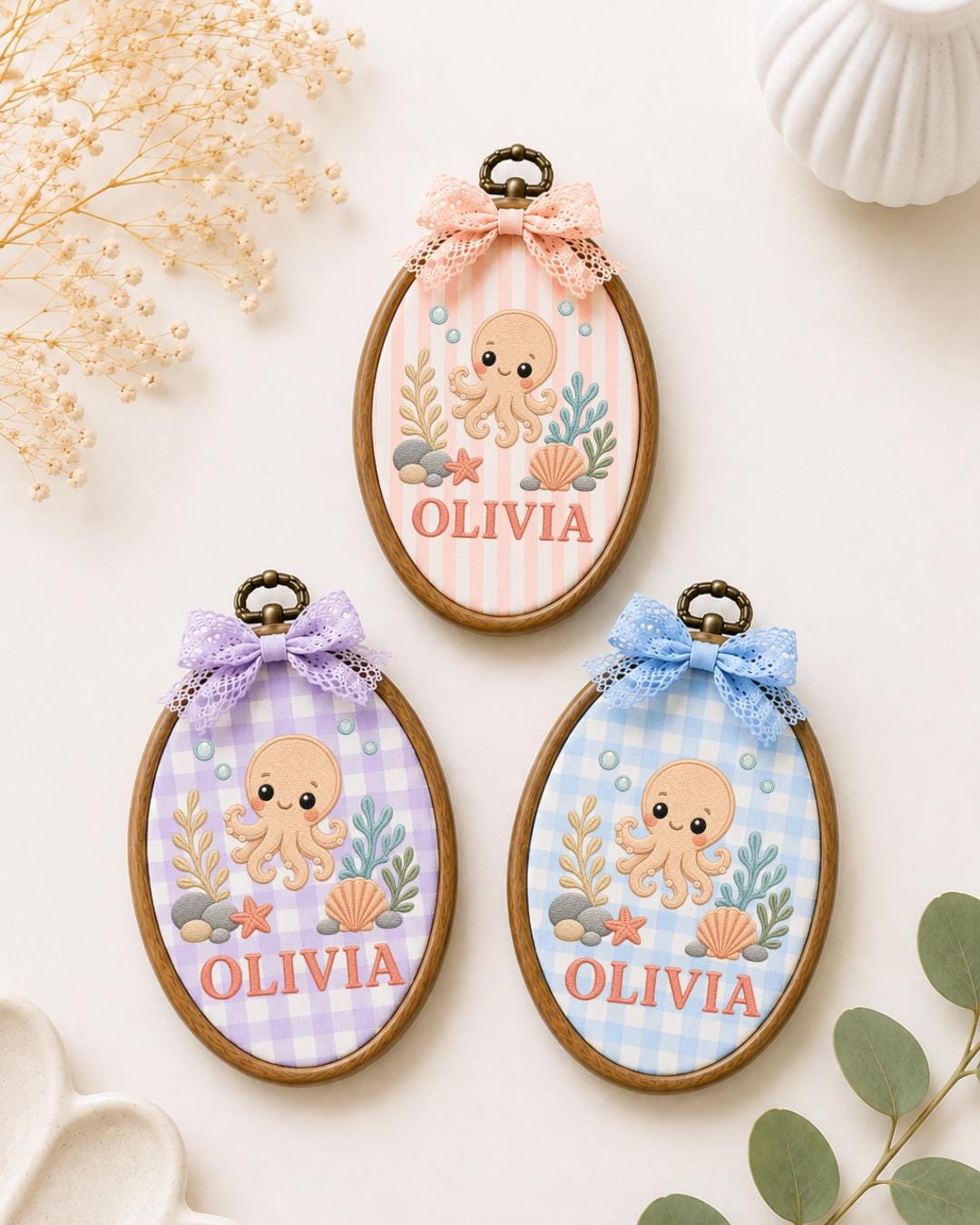 Personalized Octopus Embroidered Ornament, Custom Baby Name Hoop, Ocean Nursery Decor, Sea Life Baby Gift, Under the Sea Keepsake